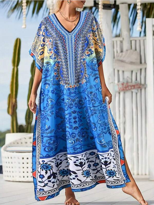 Bata con estampado floral y bloques de color - Vestido informal con cuello en V y mangas de murciélago para Eid - Mujer