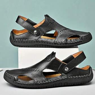 男士夏季凉鞋，手工户外男士拖鞋，手工缝制包头防滑鞋，时尚舒适男士沙滩人字拖（不对称图案，手工缝制，随机缝合方向，黑色凉鞋鞋舌标志略有色差）