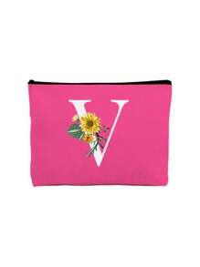 首字母印花拼布女士化妆包 玫红色小包 化妆包 便携洗漱包 教师节礼物 可重复使用化妆包 带雏菊白色字母印花 女士简约大容量旅行化妆包