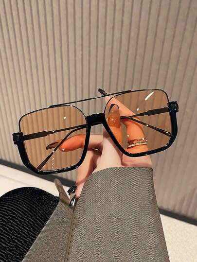 1 pieza Gafas de mujer de moda con doble viga y marco grande, versátiles para el verano, la playa, al aire libre y los viajes, con estilo europeo y americano