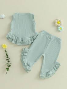 Toddler Girl Summer Outfits Solid Waffle Round Neck Ruffled Tank Tops With Long Pants 2 Pcs Set - Green - View 7