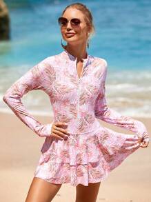 YEMUXLY Traje de baño de una pieza con mangas largas y cobertura completa, con estampado floral en toda la prenda, protección UV para la playa