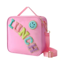 1 件刺绣字母和笑脸户外保温午餐手提袋，便携式食物野餐冷藏袋