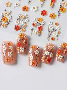 Stickers d'art pour ongles 5D en relief avec bouquet de fleurs de marguerite rose rêveuses, feuille de vigne verte et fleur à cinq pétales épanouissante et rose. Décorations de charms et fournitures pour manucure DIY