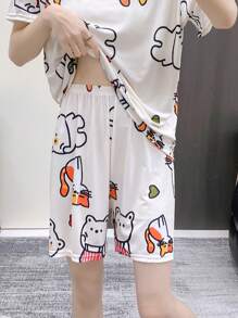 2pcs Spring, Summer & Autumn Pajama Set, Minimalist And Cute Sleepwear Lounge Wear, Effortless Draping Short Sleeve Suit, Wearable As Outerwear, Two Pieces Set