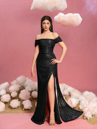 少女优雅露肩及地长裙，搭配层叠侧腰带和高开衩——亮片礼服，适合选美公主、红毯晚会、黑色领带婚礼、盛大庆典和豪华晚会