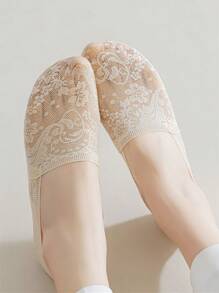 6 Pairs Plus Size Women Invisible Short Socks, Lace Trim Casual Non-Slip Ankle Socks [Without Paper Card]