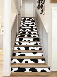 7/14/21pcs Black & Blue Cow Print Stair Stickers, Self-Adhesive Thick Removable DIY Stair Tread Decals, Suitable For Kids Room, Nursery, Activity Room Stairs Decoration, Renovation, Size: 6.97*41.73inch