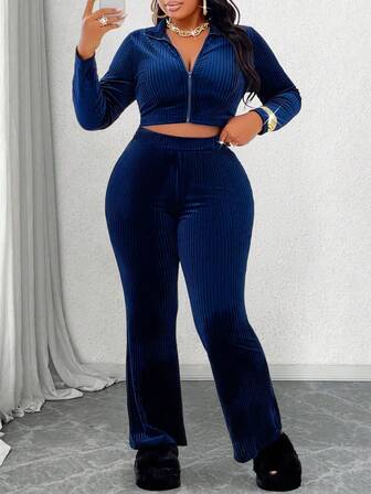 BIUBIU New Product Velvet Striped Texture Fabric Sexy Casual Knitted Set, Zipper Top+Leg Tight Sports Pants, Daily Business Outing Dressing