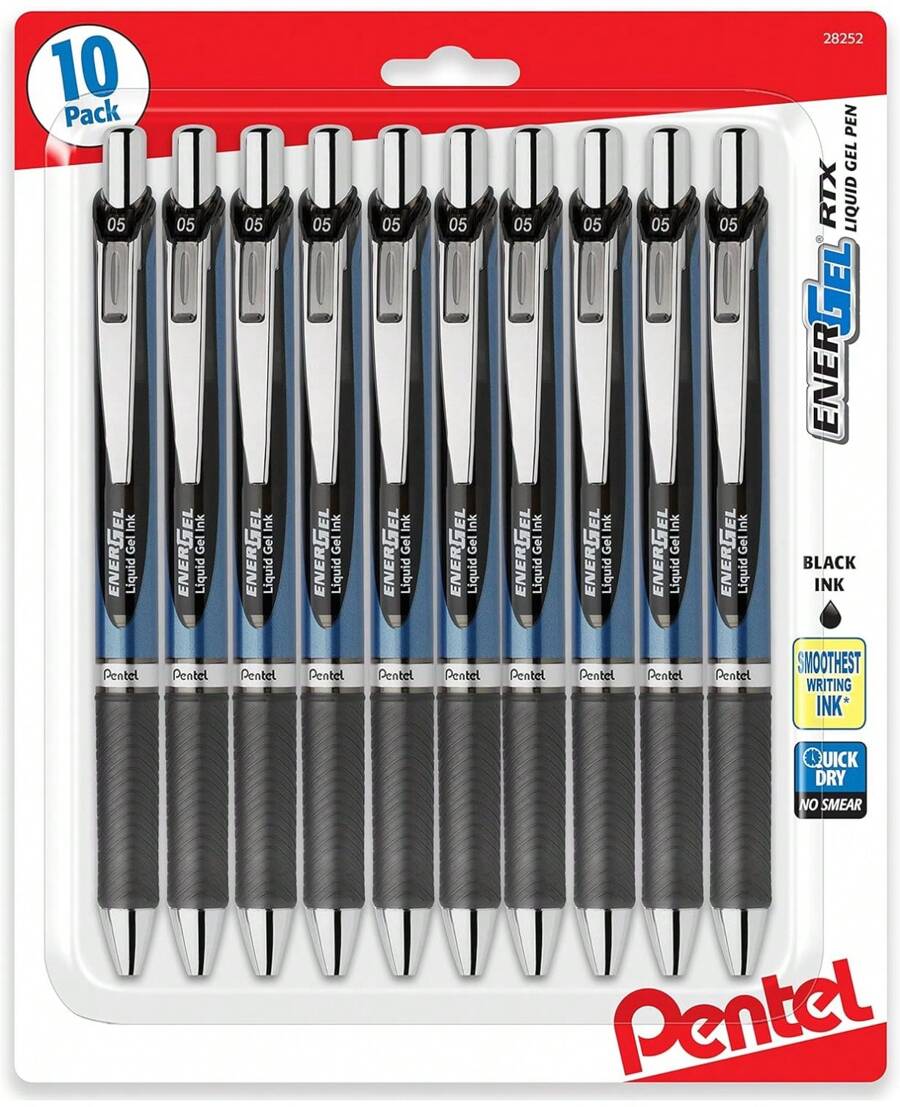 Energel 0.5 Mm Black Needle Tip Pens 10 Pack Rtx Retractable Liquid Gel Pen, Great For Office, School & Home For Women & Men