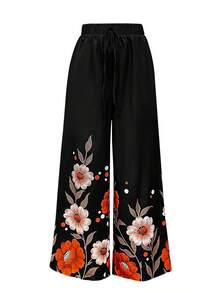 女士宽松花卉印花休闲裤，春夏度假高腰裤 - 黑色 - 查看 3
