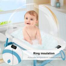 Bañera plegable para bebé con termómetro digital, almohada de baño, compacta, portátil, rosa, gris, azul y verde