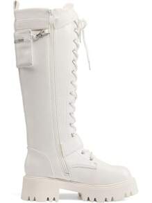 Women's Combat Riding Platform Knee High Boots, Lace Up Fall Lug Sole Gothic Motorcycle Boots With Inside Zipper, 2025 Style - White - View 4