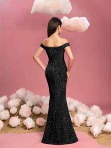 Vestido de noche de gala para adolescentes con hombros descubiertos, corte sirena con abertura alta y cola hasta el suelo - Vestido de fiesta formal sofisticado para adolescentes para galas, bailes de graduación, recepciones de boda, eventos de alfombra roja y cenas de etiqueta - Negro - Ver 3