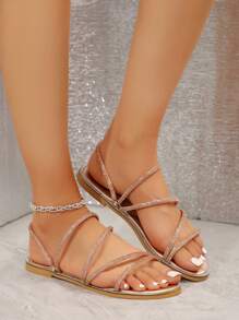 SHUZIA 女士时尚银色平底凉鞋，宽楦设计，适合夏季日常穿着、派对和户外活动 - 玫瑰金 - 查看 2