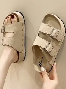 Women's Thick Sole Studded Belt Buckle Slides, Solid Color Indoor/Outdoor Personalized Sweet & Slippers, Summer