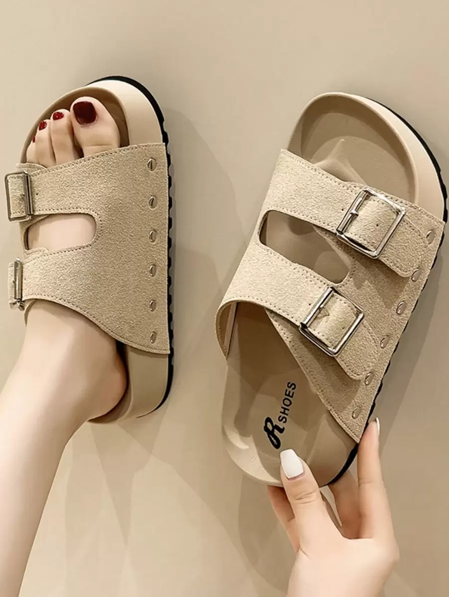 Women's Thick Sole Studded Belt Buckle Slides, Solid Color Indoor/Outdoor Personalized Sweet & Slippers, Summer