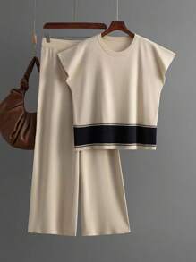 Conjunto de dos piezas de mujer informal, suéter holgado y pantalones de pierna ancha de lana