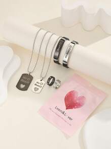 ATLVXJL 6 Stücke/Set nachleuchtende Herzen, "Ich liebe dich", "Ihre Schönheit und sein Biest" Buchstaben Edelstahl Paar Halskette Armband Ringe Set, Liebe Schmuckset für Valentinstag, Alltag