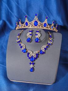 4 件套优雅女王水钻水晶皇冠项链耳环首饰套装，新娘婚礼头饰发饰，女士珠宝装扮配饰