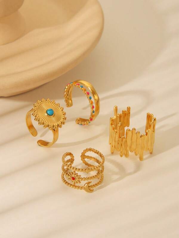 4 件金色不锈钢时尚夸张绿松石镶嵌戒指套装，适合女性日常装饰或礼物