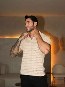 TRICOT DE LUXO Men's Polo Collar Shirt Knit Blouse Summer Spring Men Casual High Quality Immediate Shipping - 米色 - 查看 6