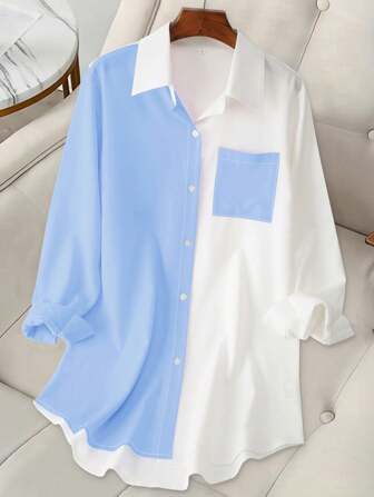 时尚女式长款撞色口袋衬衫