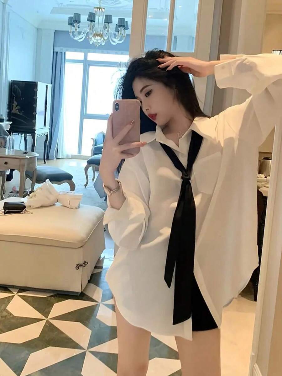 优雅女士长袖蝴蝶结白衬衫 - 休闲学院风，宽松版型，涤纶混纺 - 白色 - 查看 1