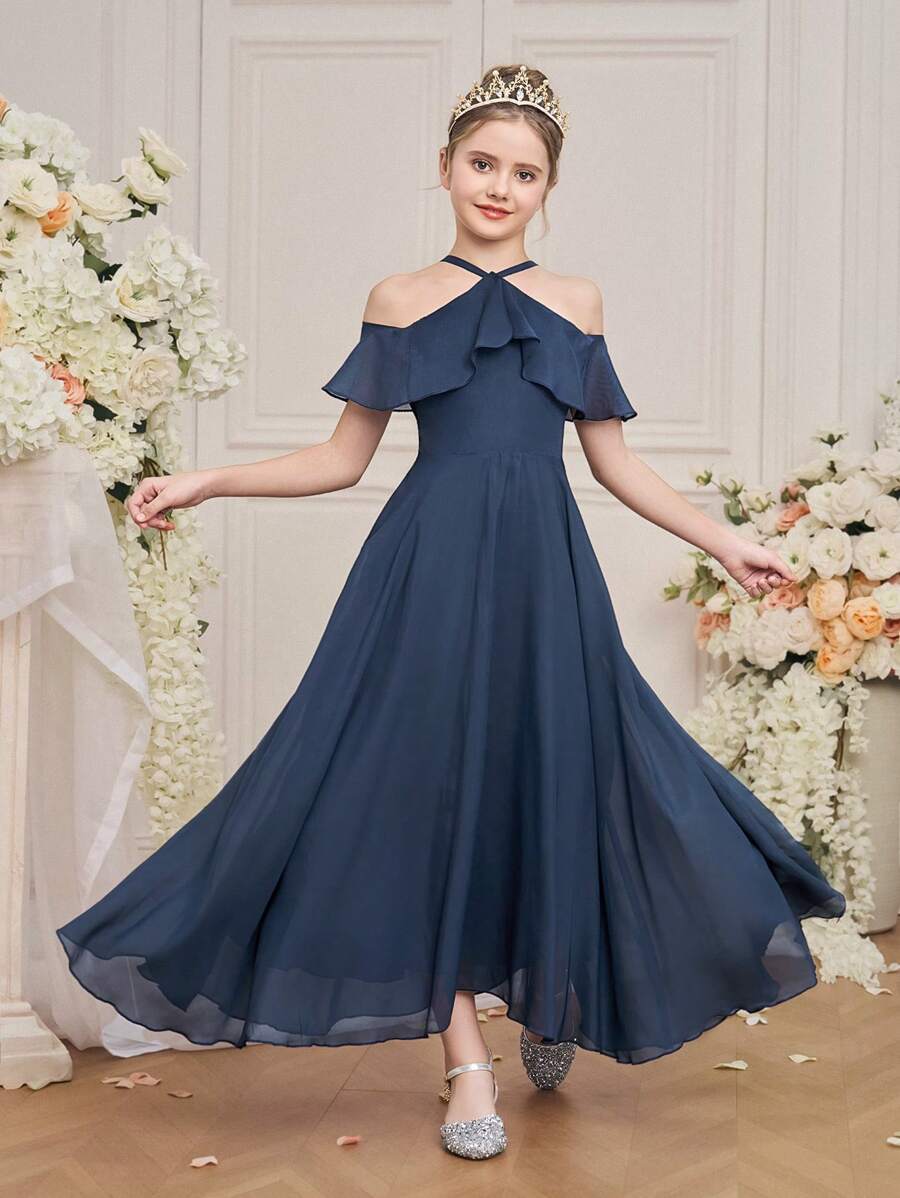 Tween Girls' Off-Shoulder Spaghetti Strap Long Party Gown, Ruffled Hem Birthday Wedding Formal Dress, Princess Evening Dress - Royal Blue - View 1