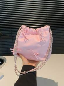 1pc Solid Color Bow Decor PU Leather Women's Shoulder Bag, Fashionable Open-Top Handbag With Chain And Ruched Design, Suitable For Women, Girls, Students, Travel, Party, Daily Use - Pink - View 6