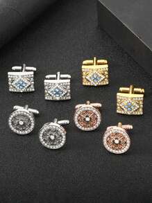 1 对时尚水晶装饰金属袖扣，优雅圆形男士衬衫纽扣