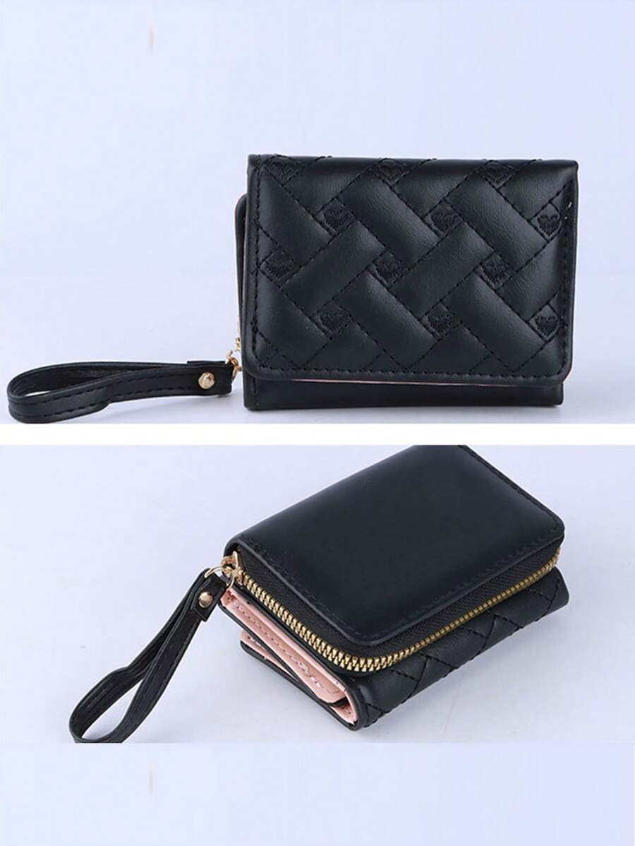 Women Simple Tri-Fold Wallet Zipper Coin Purse Wristlet Quilted Detail Wallet Quilted Pattern Compact Wallet Fashion Credit Card Holder Wallet Purse Wallet Mini Wallet Small Wallet - Multicolor - View 1