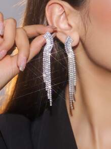 1 Pair Rhinestone Decorated Tassel Earrings, Fashionable And Elegant Jewelry Suitable For Wedding, Party, Birthday Gathering