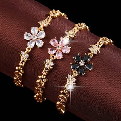 1 件复古优雅小花锆石手链，适合女士，适合日常、约会、聚会
