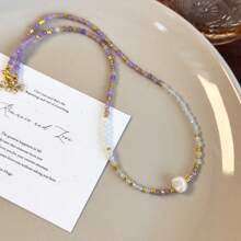 1 件手工制作的浪漫紫色串珠珍珠项链，短款颈链式项链配饰