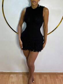 Round Neck Bodycon Fringed Hem Mini Knit Dress - Black - View 5