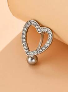 1 件空心心形锆石不锈钢肚脐环 - 銀色 - 查看 3