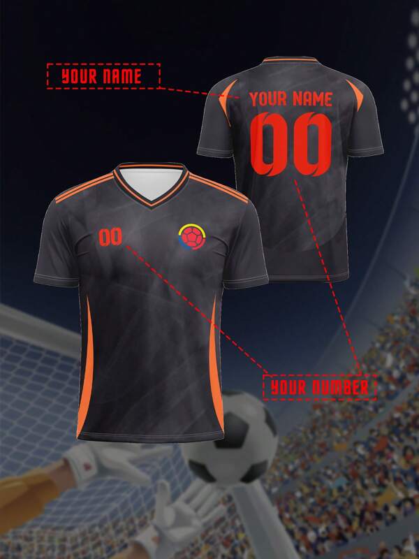 V-Neck Kids Soccer Jersey, Colombia. Breathable & Quick Dry Spring/Summer Tops For Boys & Girls, Custom Name & Number. Comfortable, Breathable, Fitted Sports & Casual Outdoor Running Shirt, Orange & Black