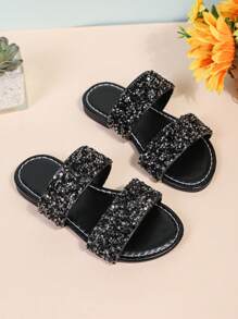 1 Pair Black Plus Size Toddler Girls' Flat Sandals, Solid Color PU Adjustable Buckle Strap, Round Toe, Non-Slip, Cute Roman Casual Slippers Suitable For 3-15 Years Old Kids, Spring/Summer New Arrival 2025