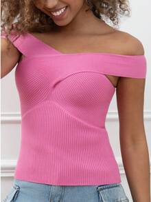 Ribbed Off-Shoulder Knit Top With A Crossed Neckline For A Refined And Modern Look. - Pink - View 2