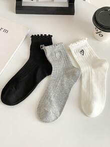 3 双女式黑白灰色竖条纹心形蕾丝边中筒袜纯色春夏学院风百搭时尚精致短袜