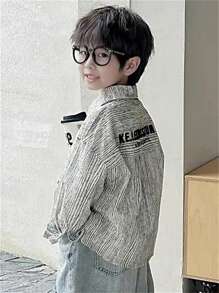 男童春秋条纹衬衫外套，背面字母刺绣，简约时尚，轻松搭配牛仔裤，打造休闲街头风 - 白色 - 查看 2