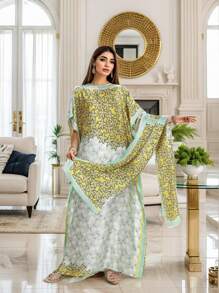 1 套时尚印花仿丝泳衣罩衫和头巾，适合海滩、度假、长袍、头巾、朴素长袍