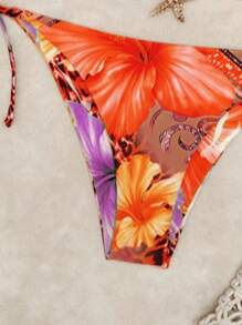 两件套夏季可爱泳衣，随机碎花金属海星装饰吊带泳衣+高腰泳裤，沙滩度假风 - 橙紫豹紋 - 查看 9