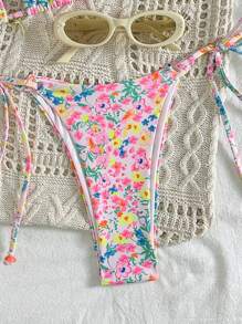 Women's Halterneck Printed Ditsy Floral Two Pieces Bikini Set, Summer Beach - Pink - View 4