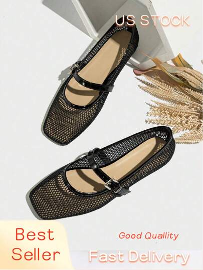 New Women's Ballet Flats Round Toe Solid Color Breathable Mesh Casual Fashion Comfortable Sandals, Mary Jane Strap Black Flat Shoes Suitable For Walking, Daily Wear, Dances, Parties, Weddings, White Shoes