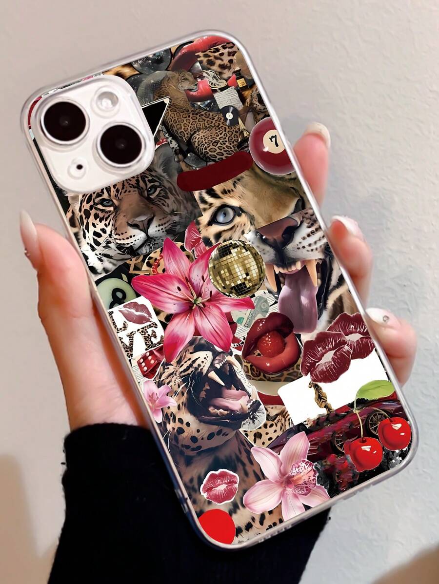 1 pezzo Cover protettiva in TPU trasparente anti-impronta digitale con design a labbra leopardate, compatibile con iPhone 13, iPhone 11, iPhone 14 Pro Max, iPhone 13 Pro, iPhone 15/15 Plus/15 Pro/15 Pro Max/12/12 Pro/12 Pro Max/14/14 Pro/13 Pro Max e altri modelli - Multicolore - Visualizzare 1