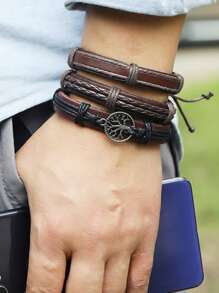 6pcs Vintage Handmade Braided Leather Bracelets DIY Peace Tree Combination, Men Jewelry Accessories Wholesale, European And American Style