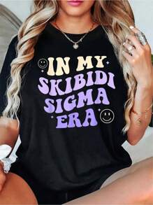In My Skibidi Sigma Era Funny Apparel T-ShirtWomen's Casual Short Sleeve Crew Neck T-Shirt For Spring & Summer - 黑色 - 查看 1