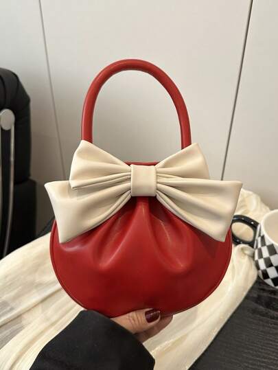 可爱褶边蝴蝶结设计手提包，时尚撞色迷你包，圆形女士日常手提包